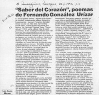 "Saber del corazón", poemas de Fernando González Urízar  [artículo] Luis Agoni Molina.