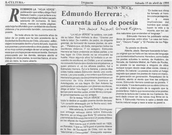 Edmundo Herrera, cuarenta años de poesía  [artículo] Jaime Miguel Gómez Rogers.