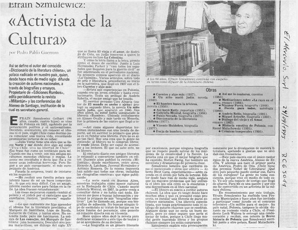 Efraín Szmulewicz, activista de la cultura  [artículo] Pedro Pablo Guerrero.