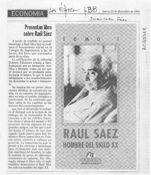 Presentan libro sobre Raúl Sáez  [artículo].