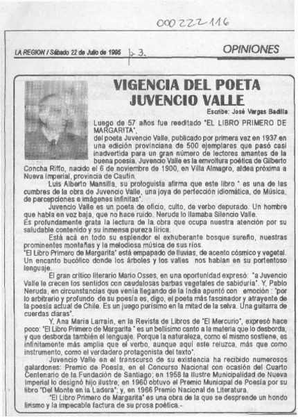 Vigencia del poeta Juvencio Valle  [artículo] José Vargas Badilla.