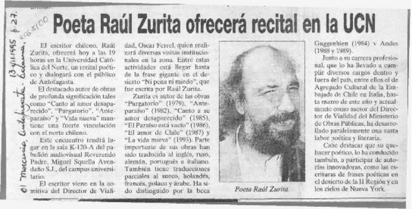 Poeta Raúl Zurita ofrecerá recital en la UCN  [artículo].