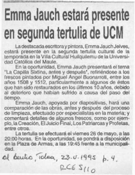 Emma Jauch estará presente en segunda tertulia de UCM  [artículo].