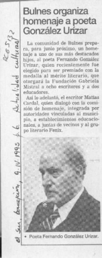 Bulnes organiza homenaje a poeta González Urízar  [artículo].