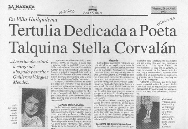 Tertulia dedicada a poeta talquina Stella Corvalán  [artículo].