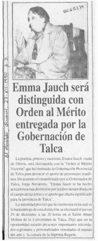 Emma Jauch será distinguida con Orden al Mérito entregada por la Gobernación de Talca  [artículo].