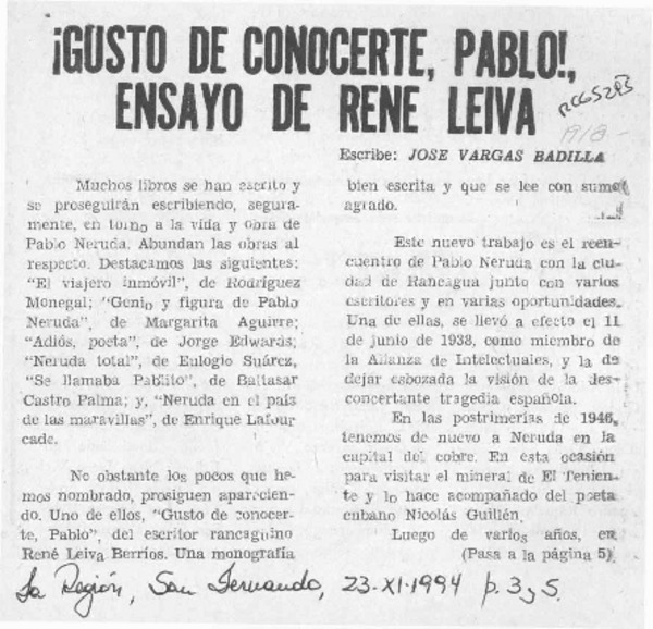 Gusto de conocerte, Pablo! ensayo de René Leiva  [artículo] José Vargas Badilla.