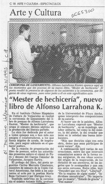 "Mester de hechicería", nuevo libro de Alfonso Larrahona K.  [artículo].