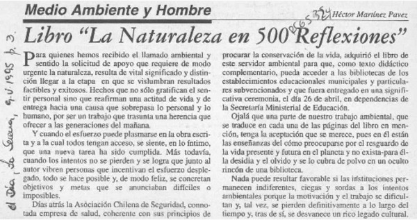 Libro "La naturaleza en 500 reflexiones"  [artículo] Héctor Martínez Pavéz.