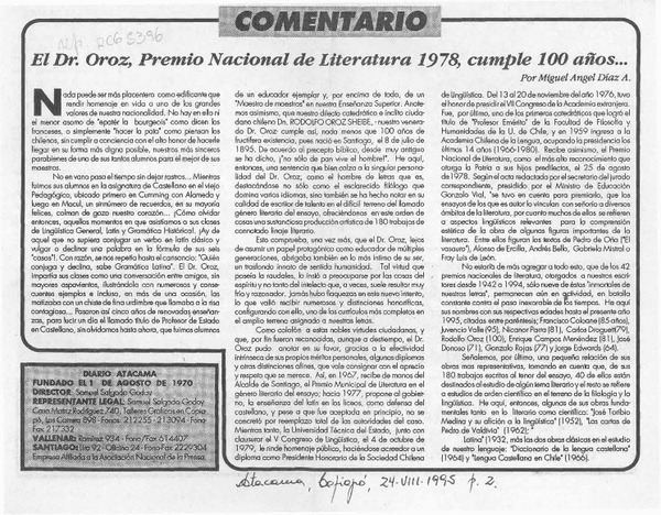 El Dr. Oroz, Premio Nacional de Literatura 1978, cumplió 100 años --  [artículo] Miguel Angel Díaz A.