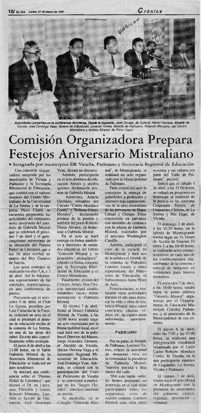 Comisión organizadora prepara festejos aniversario mistraliano  [artículo].