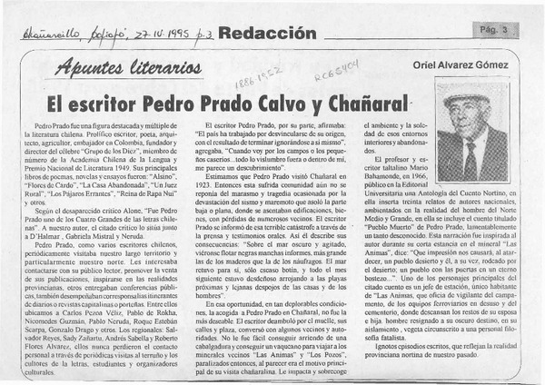 El escritor Pedro Prado Calvo y Chañaral  [artículo] Oriel Alvarez Gómez.