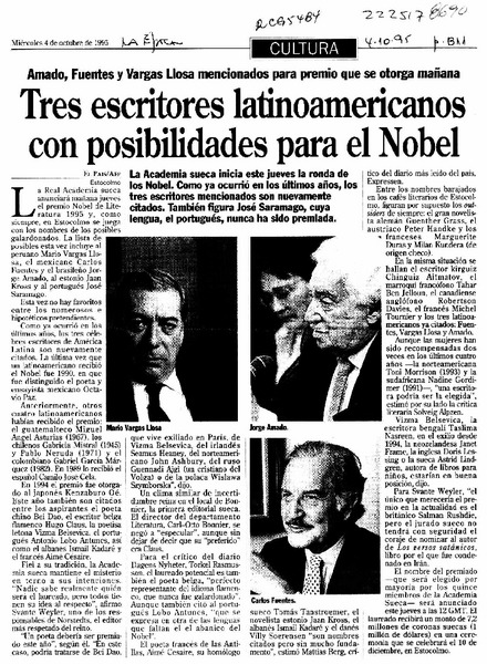 Tres escritores latinoamericanos con posibilidades para el Nobel  [artículo].