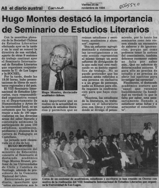 Hugo Montes destacó la importancia de Seminario de Estudios Literarios  [artículo].