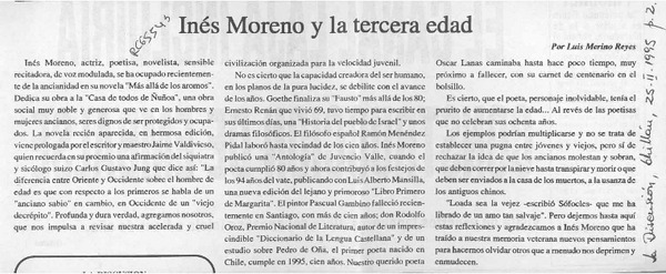 Inés Moreno y la tercera edad  [artículo] Luis Merino Reyes.
