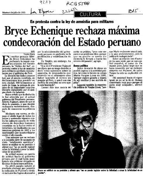 Bryce Echenique rechaza máxima condecoración del Estado peruano  [artículo].