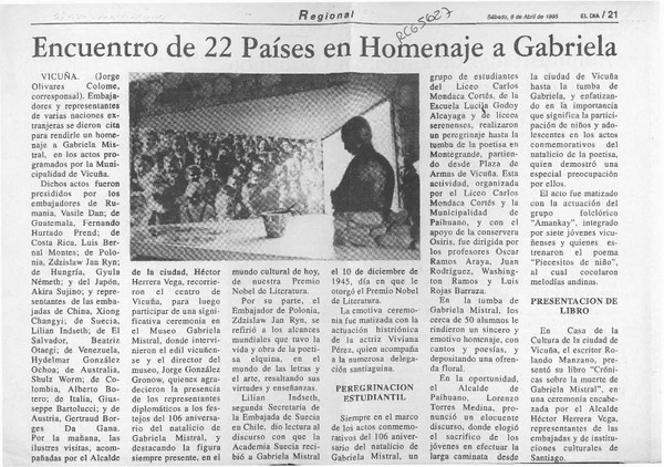 Encuentro de 22 países en homenaje a Gabriela  [artículo] Jorge Olivares Colome.