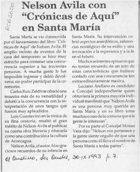 Nelson Avila con "Crónicas de aquí" en Santa María  [artículo].