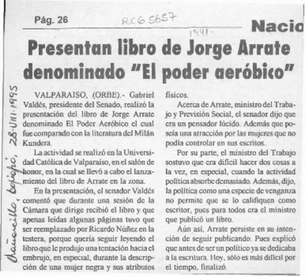 Presentan libro de Jorge Arrate denominado "El poder aeróbico"  [artículo].