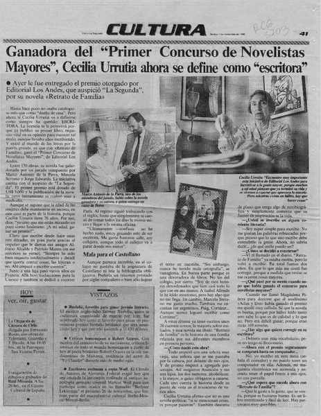 Ganadora del "Primer concurso de novelistas mayores", Cecilia Urrutia ahora se define como "escritora"  [artículo].