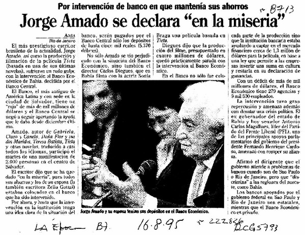 Jorge Amado se declara "en la miseria"  [artículo].