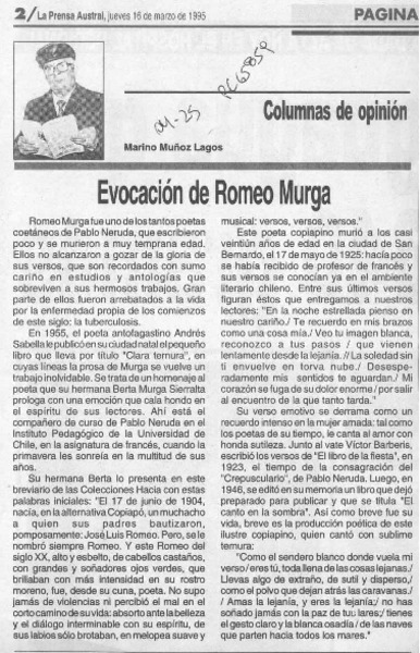 Evocación de Romeo Murga  [artículo] Marino Muñoz Lagos.