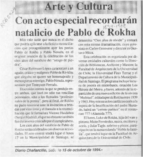 Con acto especial recordarán natalicio de Pablo de Rokha  [artículo].