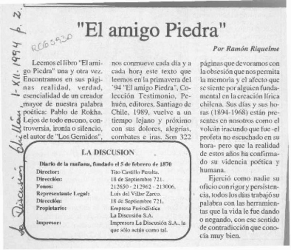 "El amigo piedra"  [artículo] Ramón Riquelme.