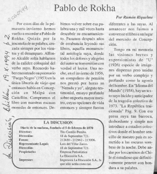 Pablo de Rokha  [artículo] Ramón Riquelme.