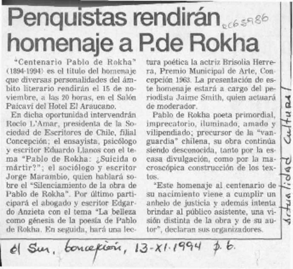 Penquistas rendirán homenaje a P. de Rokha  [artículo].