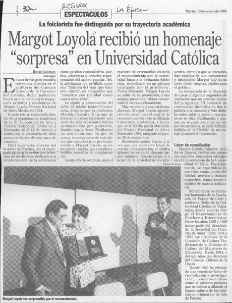 Margot Loyola recibió un homenaje "sorpresa" en Universidad Católica  [artículo] Rocío Lineros.