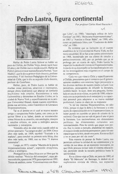 Pedro Lastra, figura continental  [artículo] Carlos René Ibacache I.