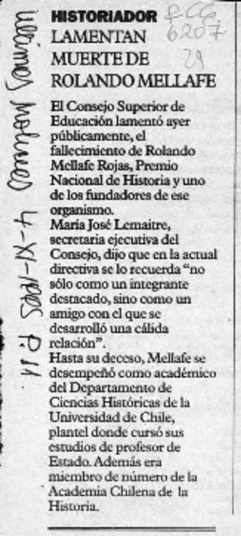 Lamentan muerte de Rolando Mellafe  [artículo].