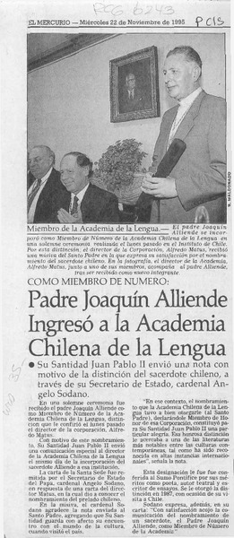 Padre Joaquín Alliende ingresó a la Academia Chilena de la Lengua  [artículo].