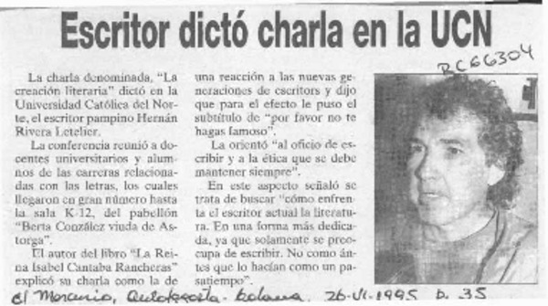 Escritor dictó charla en la UCN  [artículo].