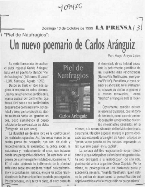 Un nuevo poemario de Carlos Aránguiz  [artículo] Hugo Araya Leiva