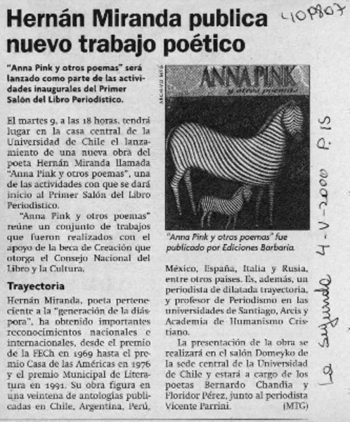 Hernán Miranda publica nuevo trabajo poético  [artículo]