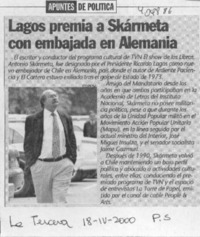 Lagos premia a Skármeta con embajada en Alemania  [artículo]