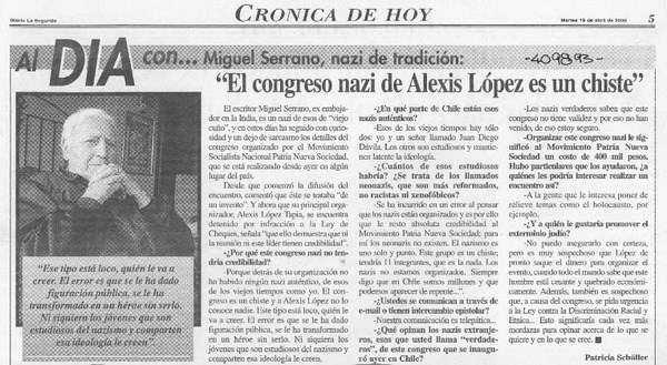 "El congreso nazi de Alexis López es un chiste"  [artículo] Patricia Schüller