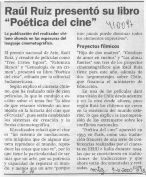 Raúl Ruiz presentó su libro "Poética del cine"  [artículo]