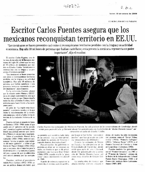 Escritor Carlos Fuentes asegura que los mexicanos reconquistan territorio en EE.UU.  [artículo]