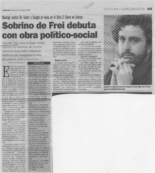 Sobrino de Frei debuta con obra político-social  [artículo] Leopoldo Pulgar I.