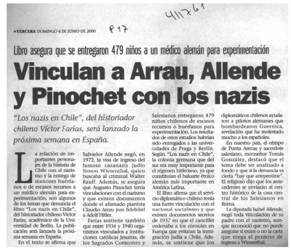 Vinculan a Arrau, Allende y Pinochet con los nazis  [artículo]