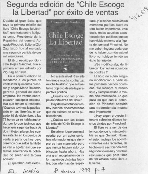 Segunda edición de "Chile escoge la libertad" por éxito de ventas  [artículo]