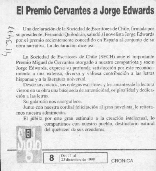 El Premio Cervantes a Jorge Edwards  [artículo]