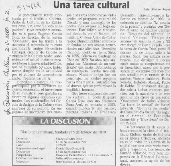 Una tarea cultural  [artículo] Luis Merino Reyes