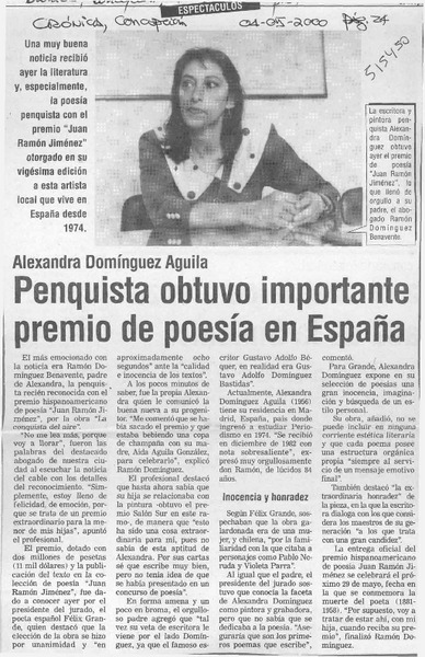 Penquista obtuvo importante premio de poesía en España  [artículo]
