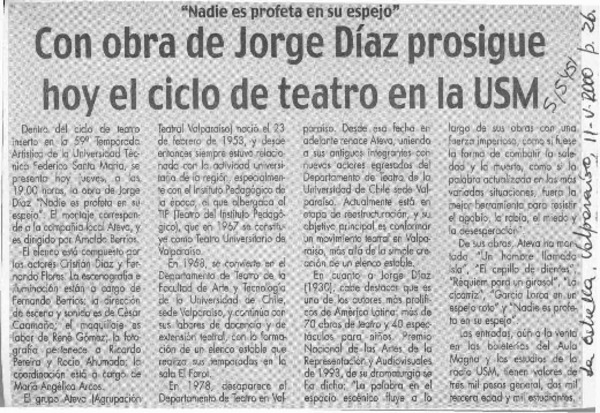 Con obra de Jorge Díaz prosigue hoy el ciclo de teatro en la USM  [artículo]