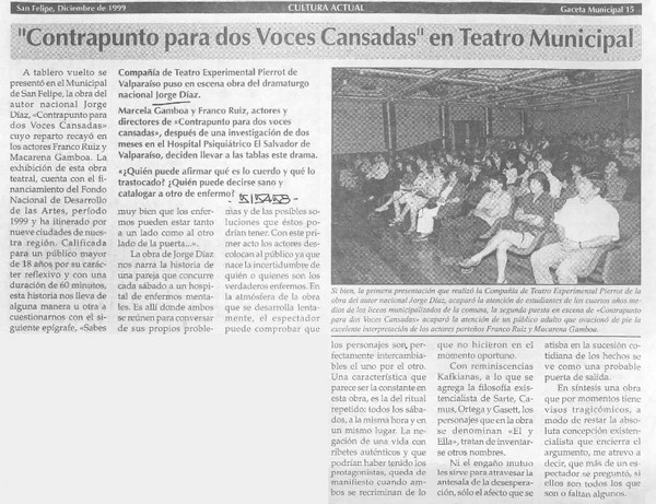 "Contrapunto para dos voces cansadas" en Teatro Municipal  [artículo]