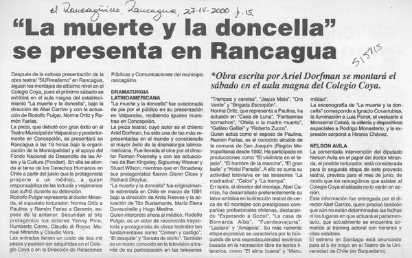 "La Muerte y la doncella" se presenta en Rancagua  [artículo]